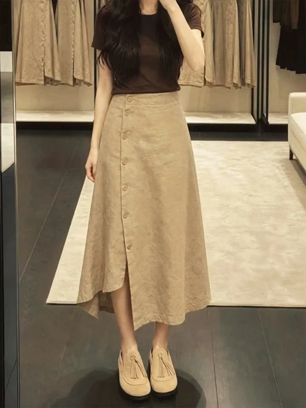 Korean Style Single Button Midi Skirt Women Summer 2026 Casual Khaki A-Line Midi Skirt Versatile High Waist Breathable Skin-F...