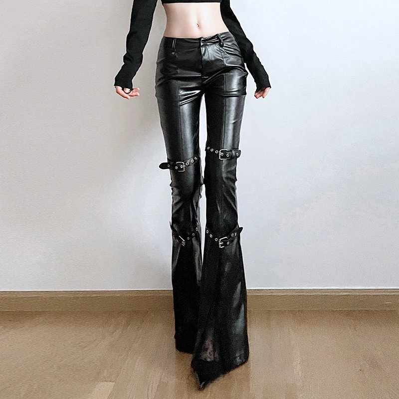 Y2K 푸 레더 플레어 팬츠 여성 스트리트웨어 레이스 패치워크 블랙 팬츠 가을 갸루 하라주쿠 그런지 섹시 로우 웨이스트 슬림 바지
