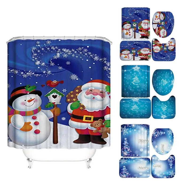 

Christmas Shower Curtain Sets Waterproof Modern Shower Curtains Bath Decor Non Slip Mat Toilet Lid Cover Bathroom Accessories