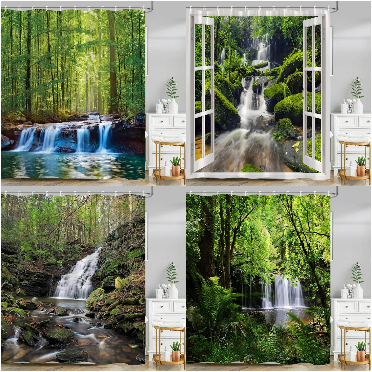 

Modern Forest Shower Curtain 3D Rainforest Outdoor Jungle Waterfall Mountain Green Tree Polyester Fabric Bathroom Decor Curtain