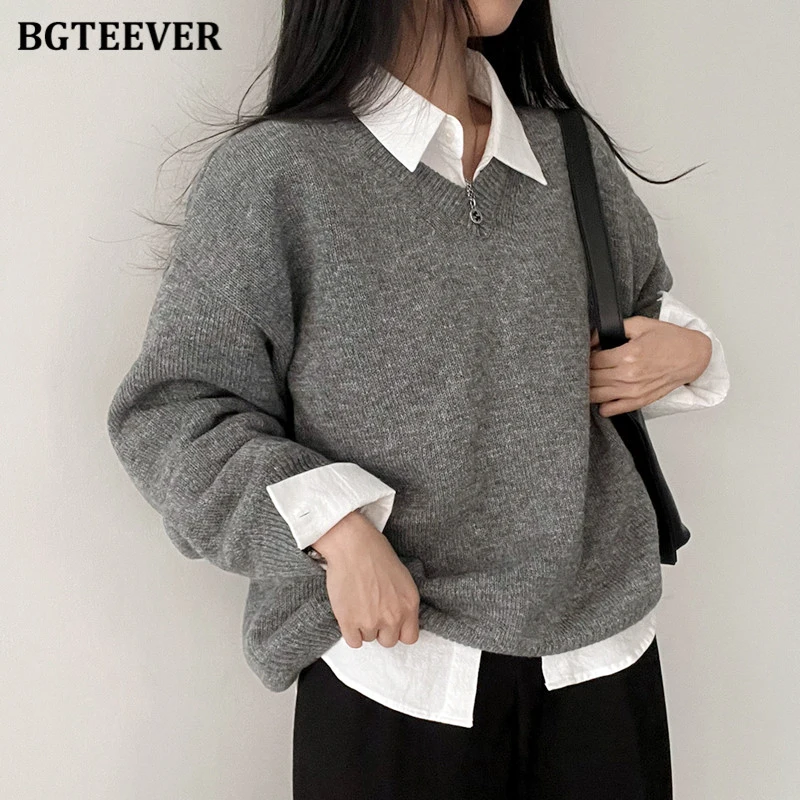 BGTEEVER Autumn Winter Warm Sweater for Women Loose V-neck Knitted Pullovers Jumpers Ladies Long Sleeve Knitwear Tops