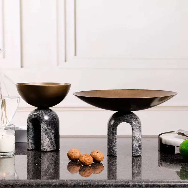 

New Design Classic Modern Style Marble Stainless Steel Tray Home Decor Metal Fruit Bowl with Marble Base Wedding Dessert Service