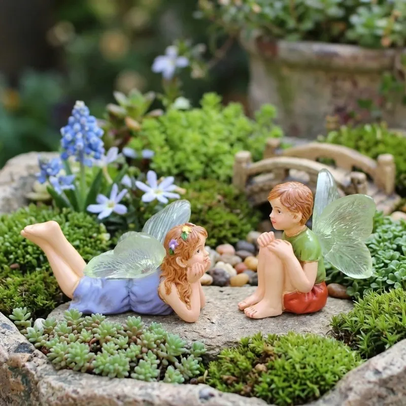 Funny Fairy Boy & Girl Statue, Fairy Garden Accessories, Resin Sculpture for Micro Landscape Flowerpot Lawn Yard Decor
