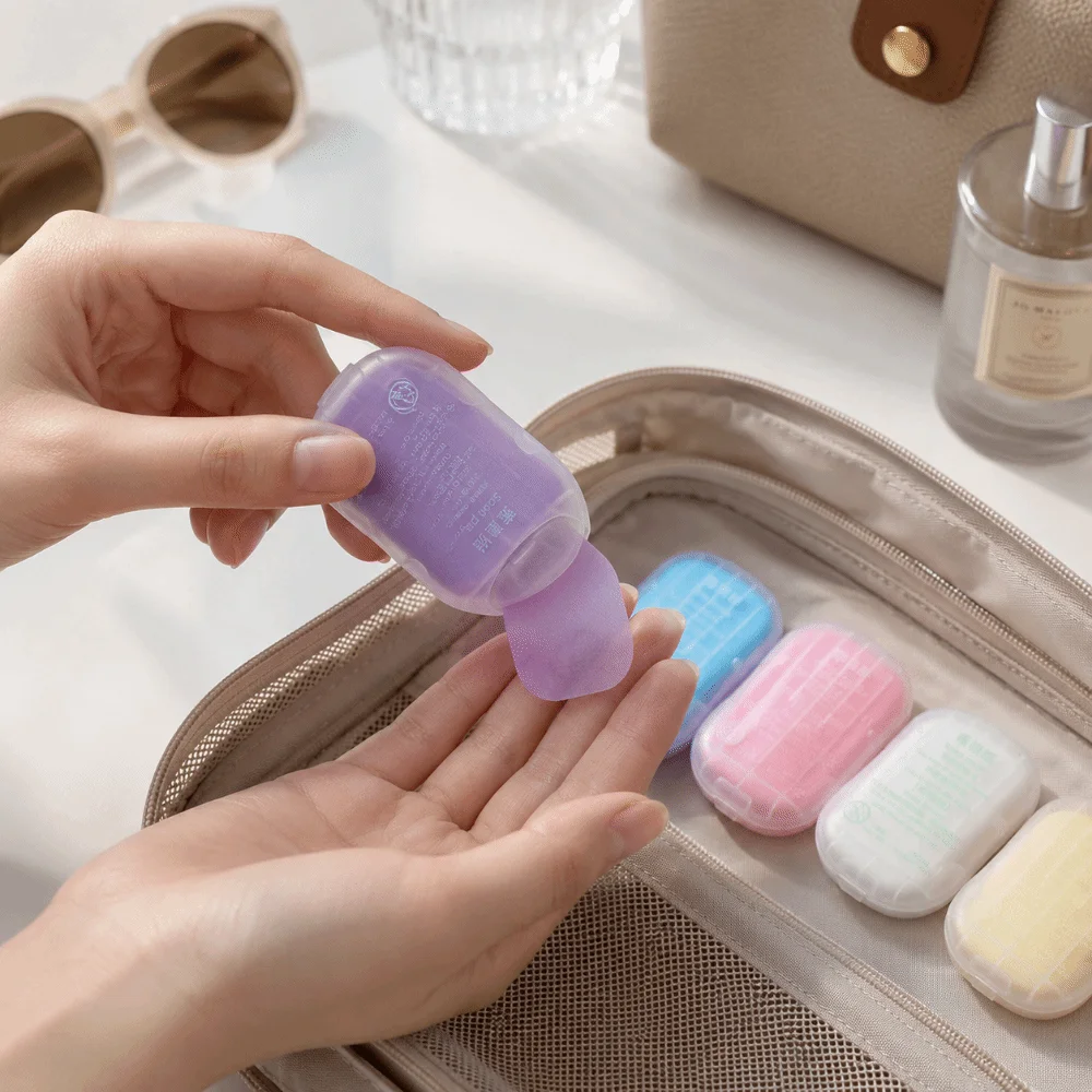 50pcs Mini Size Disposable Soap Paper Skin Friendly Convenient Hand Washing Soap Scented Foaming Cleaning Soap Tablets