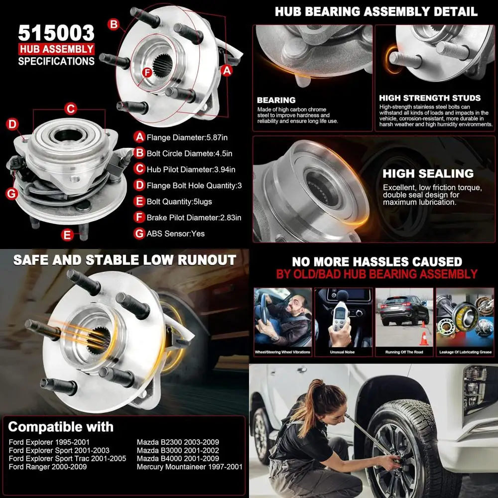 

Pair 515003 Front Wheel Bearing Hub Assembly Compatible with Ford Explorer 1995-2001 Explorer Sport Trac Ranger, for Mazda B2300