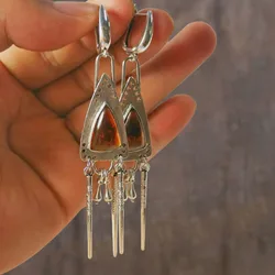 Vintage Tribal Extra Long Triangle Drop Earrings Geometric Jewelry Antique Silver Color Metal Tassel Handmade Earrings