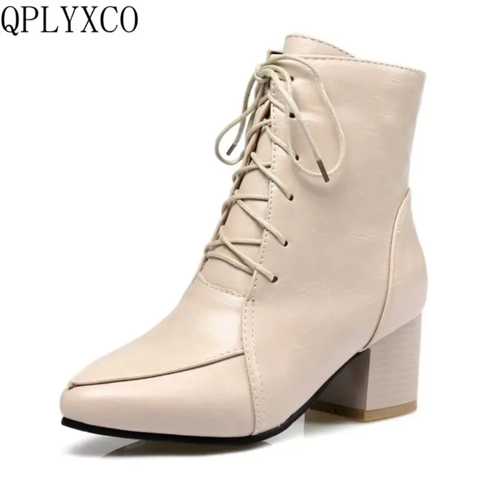 QPLYXCO Ankle Boots Women Fashion Pointed Toe Lace Up Thick Heels Casual Dress Party Short Bootie Big Size 44 45 C9-22