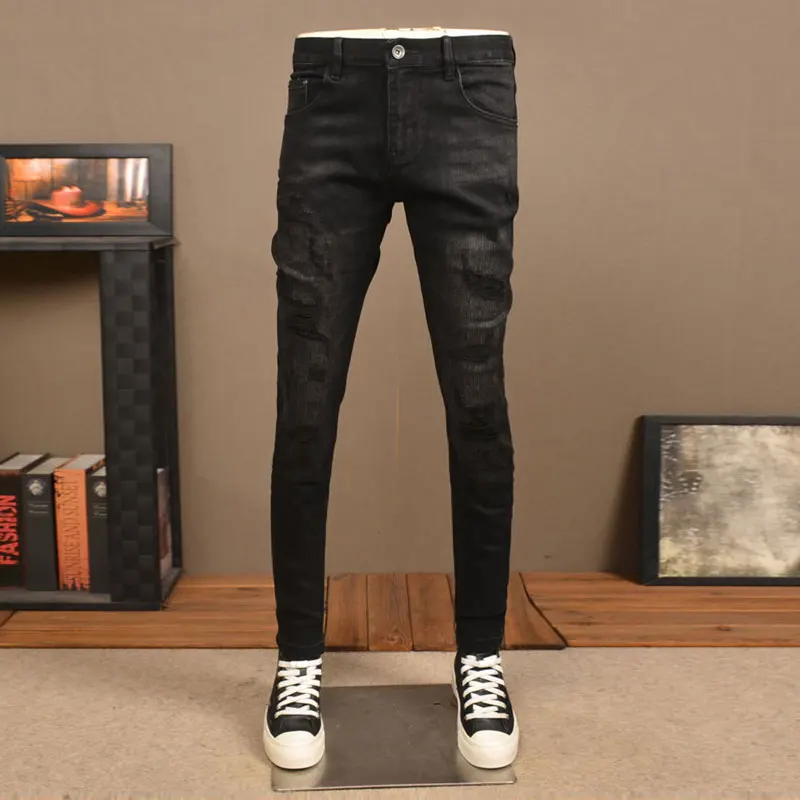 

High Street Fashion Men Jeans Black Stretch Skinny Fit Hole Ripped Jeans Men Vintage Designer Casual Denim Pencil Pants Hombre