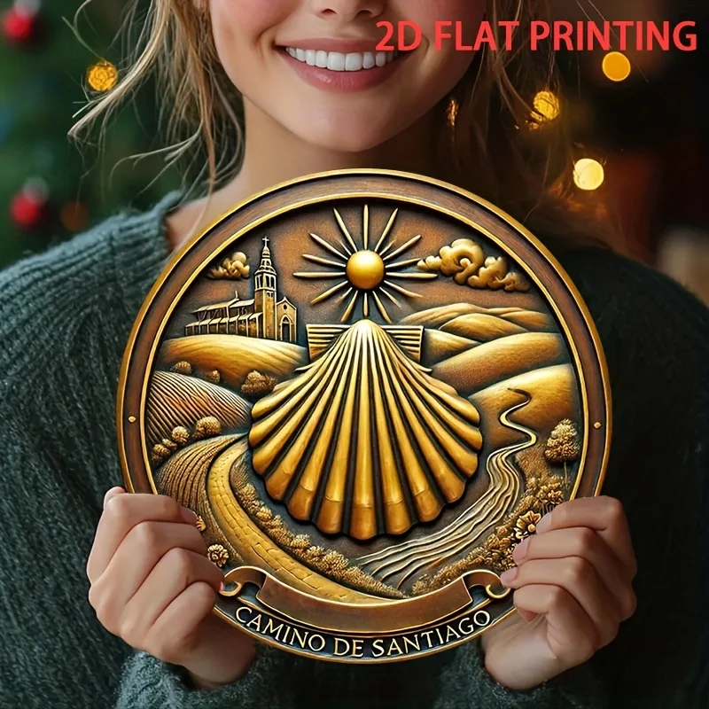 مسطح 2D، 2D مسطح 1 قطعة 20.32x20.32 سم لافتة قصدير مستديرة - مسار إسكندنافي بسيط إلى تصميم الحاج سانتياغو دي كومبسلاي -