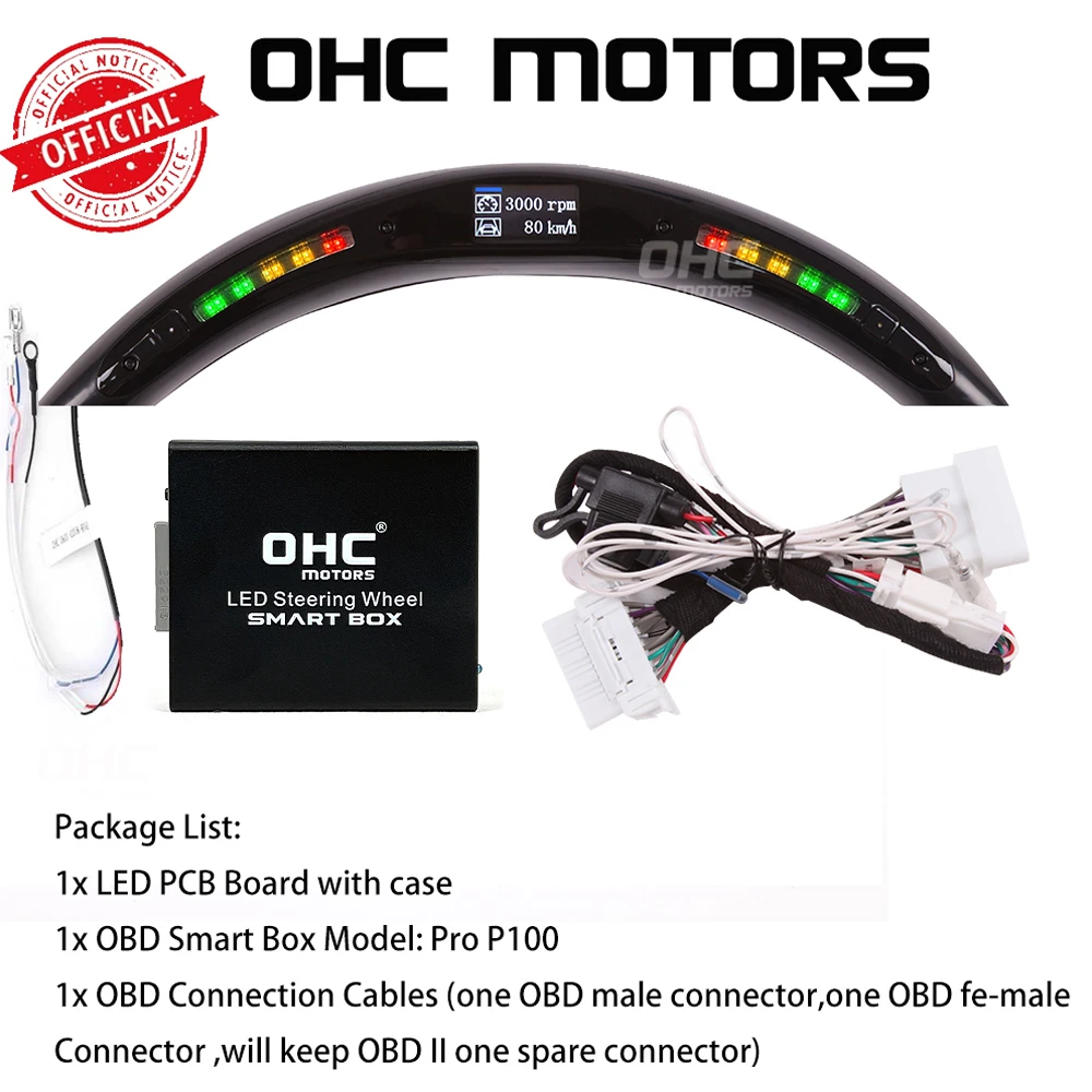 OHC Motors LED Steering Wheel Shift Indicator Screen Kit 20/32 lights LED Digital Display Screen OBD2 Module Kit for All Car