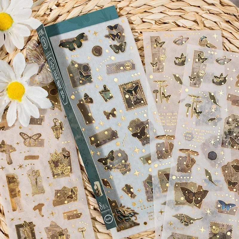 8 fogli di forniture decorative adesivi albero farfalla oro scrapbooking pianta fungo illustrazione fresca materiale abbronzante 21 * 8 cm