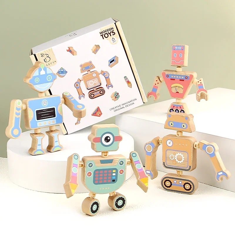 Wooden Large Particle Building Blocks Animal Dinosaur Robot Assembling Toys Joints Rotatable Toys Toddlers Kids Educational Gift