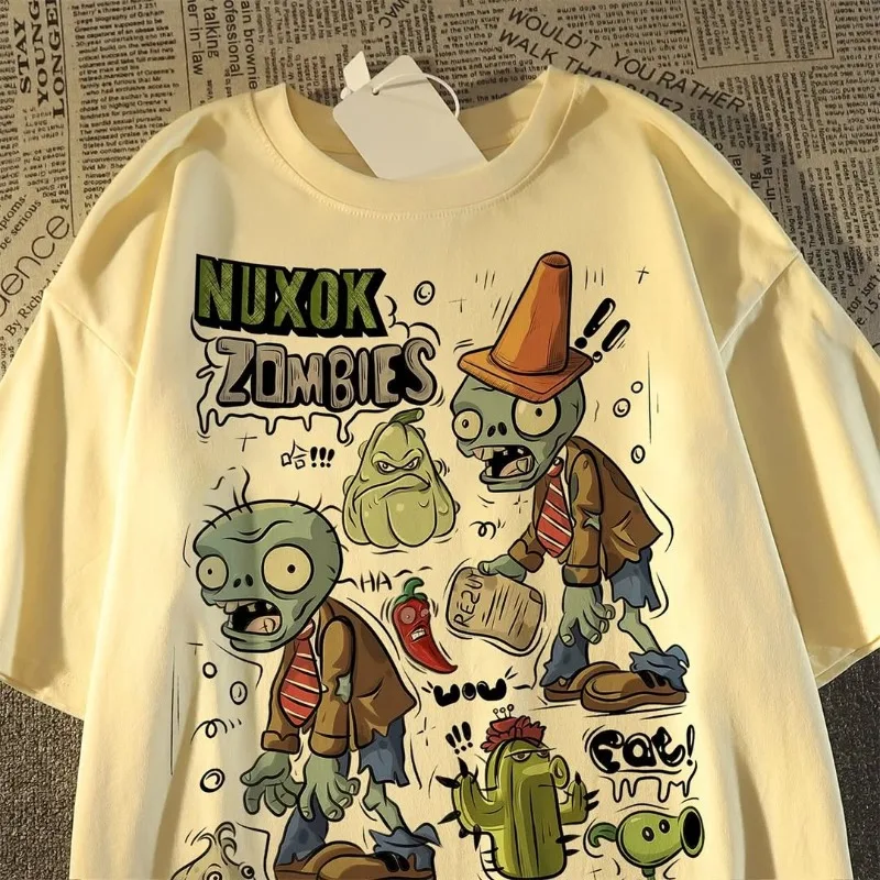 Y2K نباتات شارع العليا ضد الزومبي نمط الرسوم المتحركة المطبوعة زوجين جولة الرقبة قصيرة الأكمام الرجعية القوطية الشرير فضفاض تي شيرت
