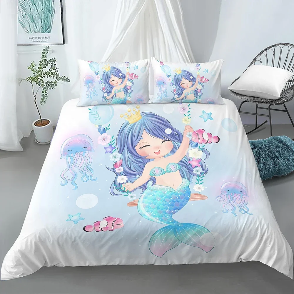 

Crib Blue Cartoon Mermaid Edredones Niños Bedding Set Single Twin Double Queen King Cal King Size Bed Linen Set