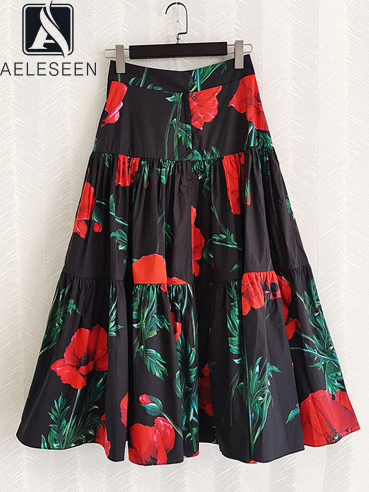 AELESEEN Runway Fashion 2022 Summer 100% Cotton Skirt Women Black Red Flowers Printed High Quality Holiday Full Sicilian