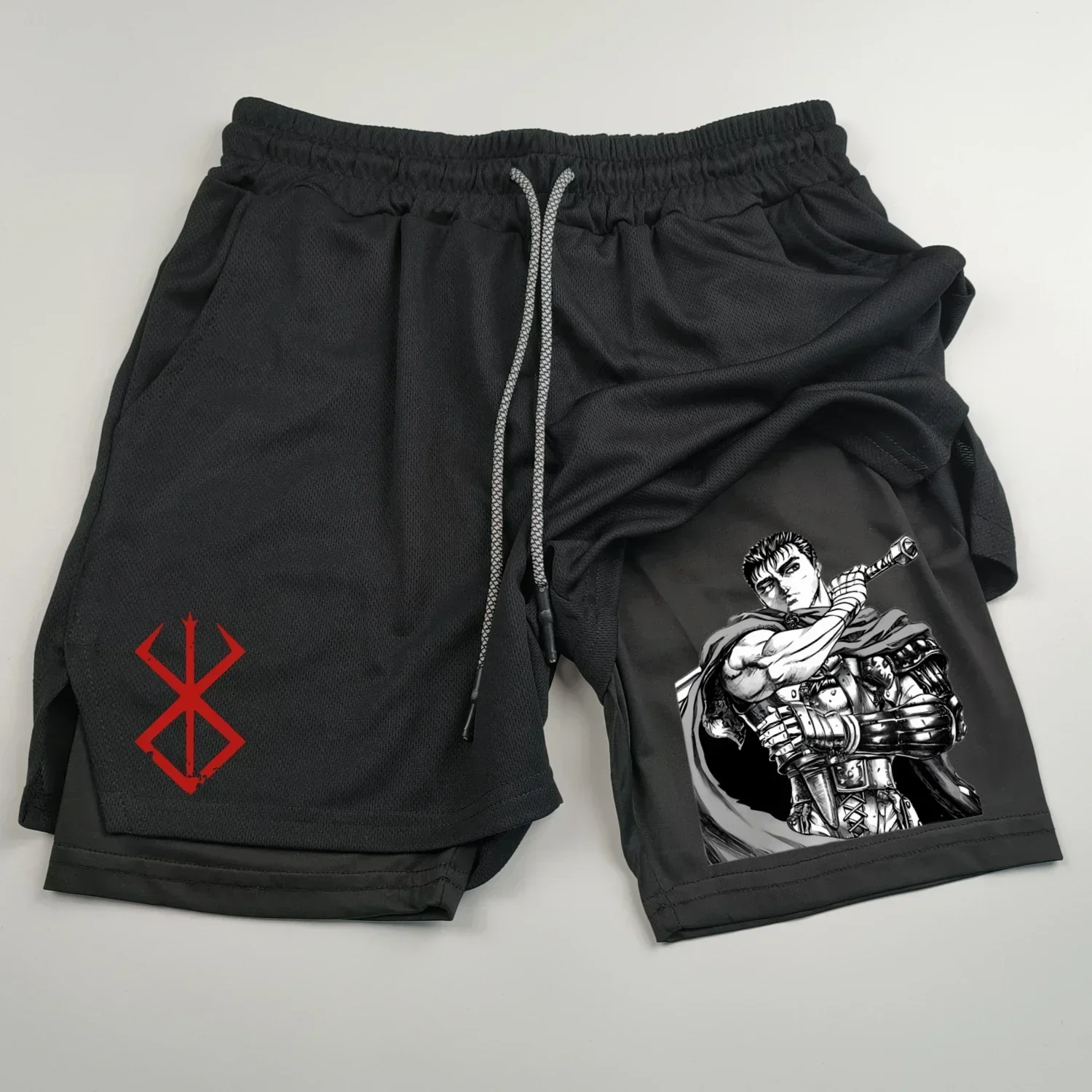 Anime Berserk Guts Men's 2 in 1 Sports Shorts Quick drying Breathable Fitness Running Shorts Outdoor gym shorts men