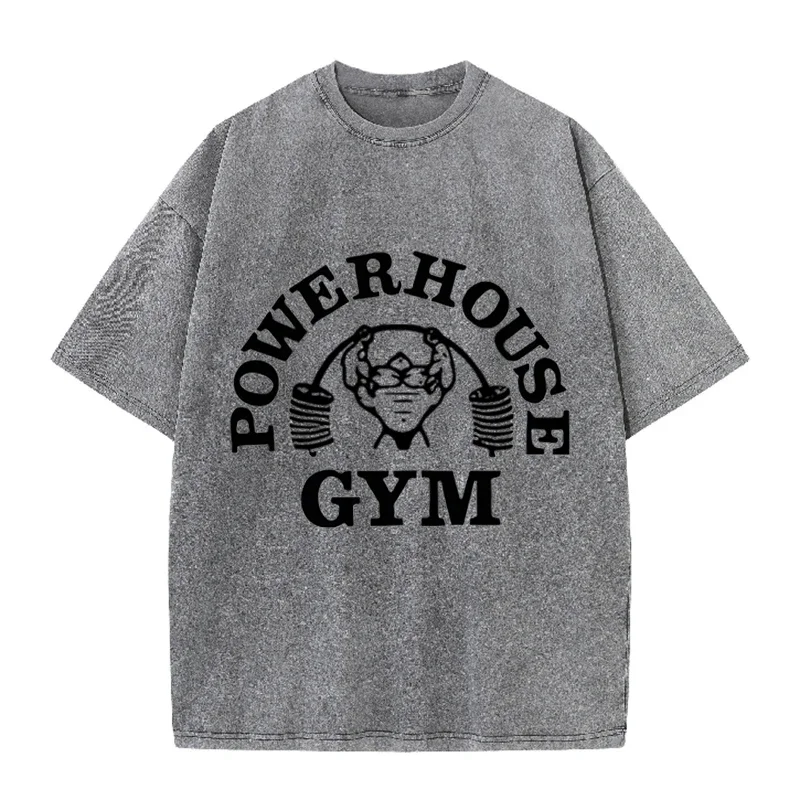 Powerhouse Gym Fitness Print Vintage Washed T-Shirt Gym Workout Casual Tee – Detail 12