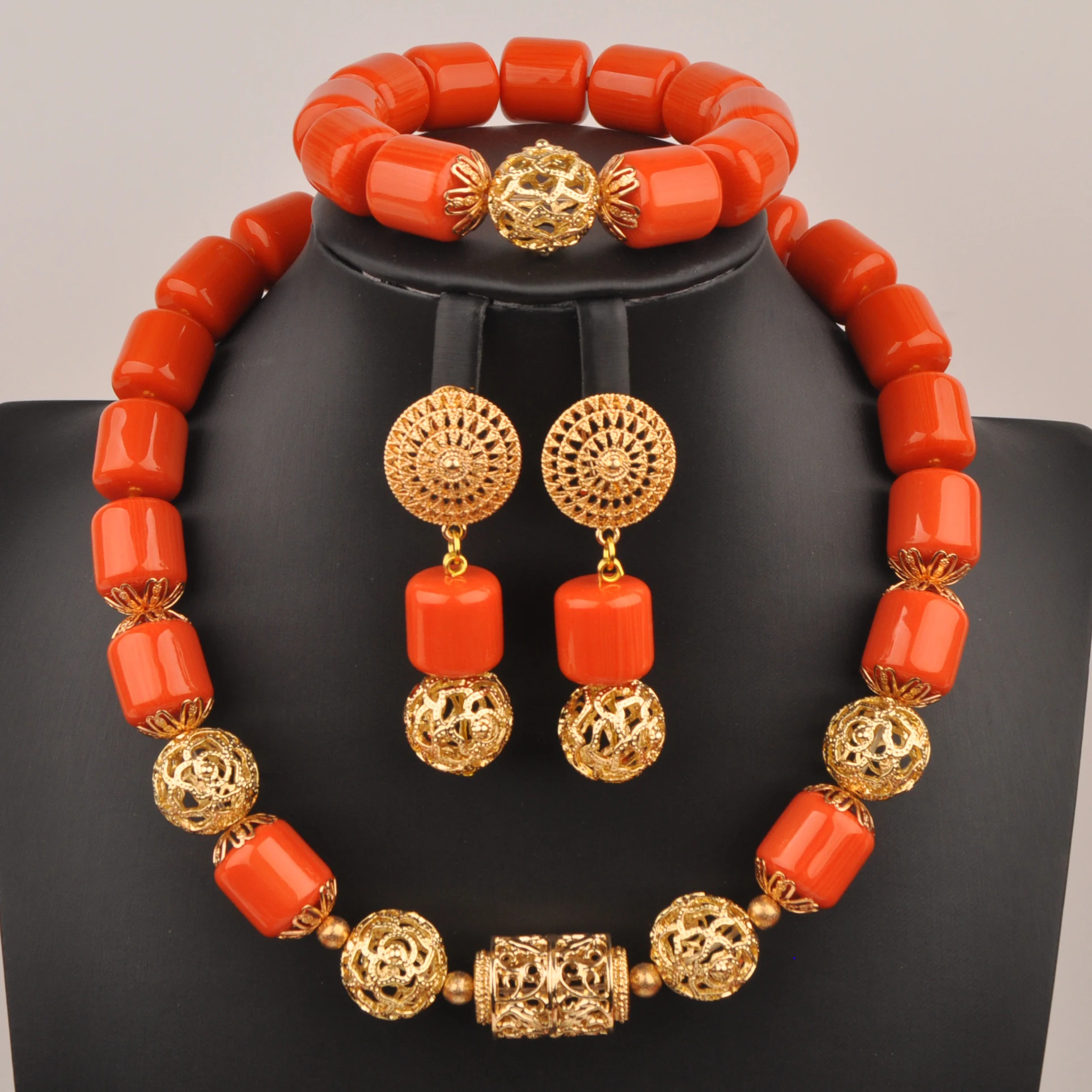 Minimalist African Fashion Wedding Bead Imitation Coral Orange Necklace Nigerian Bridal Wedding Jewelry Set XIN-36