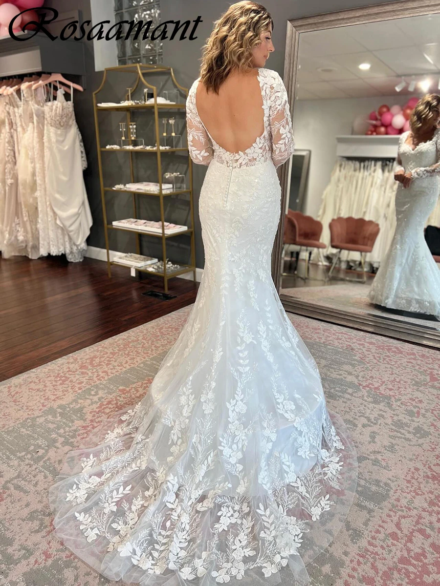 Vestido De novia De sirena con espalda descubierta, traje romántico De manga larga con apliques De lentejuelas, encaje