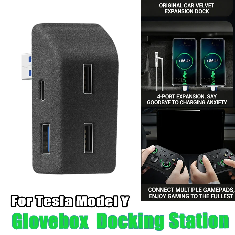 Flocked USB Hub Glove Box Expander for Tesla Model 3 Y Center Console Fast Charging Plug and Play Multi Port Interior