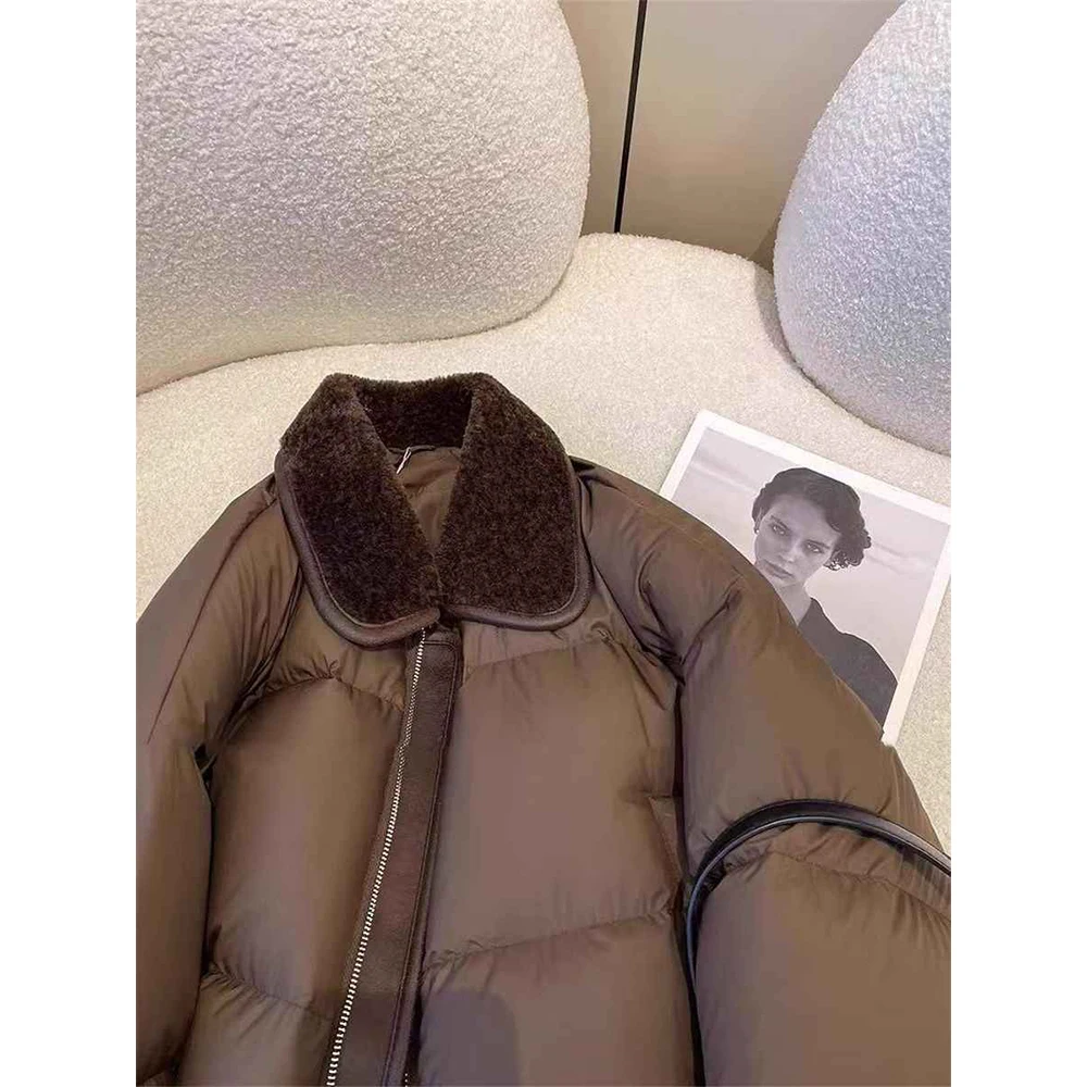 Women's Brown Cropped Parka Jacket Coat Long Sleeve Outerwear Thicken Warm Overcoat Harajuku Padded Jacket Vintage Winter 2025