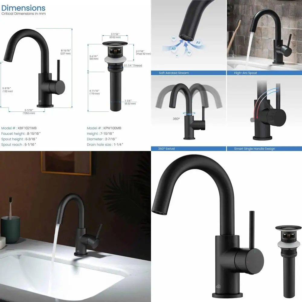 

Матовый черный смеситель для раковины с одной ручкой и высокой дугой, с выдвижным сливом, твердая латунь, керамический картридж, герметичный