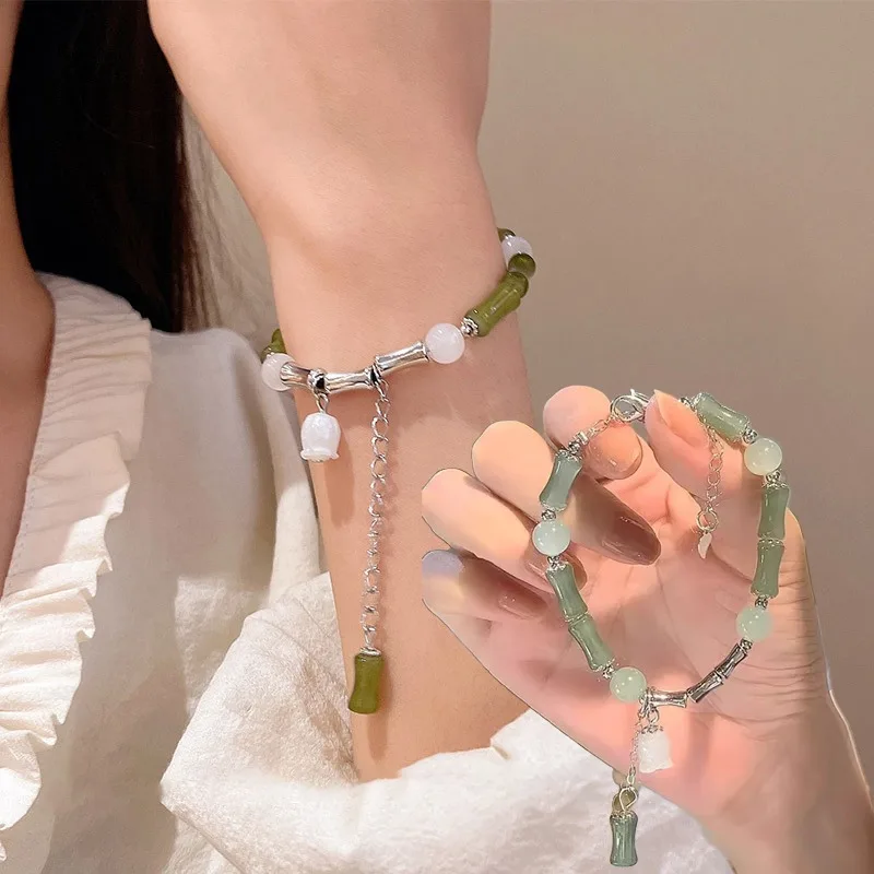 

Green Jade Bamboo Joint Bracelet Women Chinese Style Vintage Romantic Lily Of The Valley Beaded Unique Exquisite Jewelry Gift