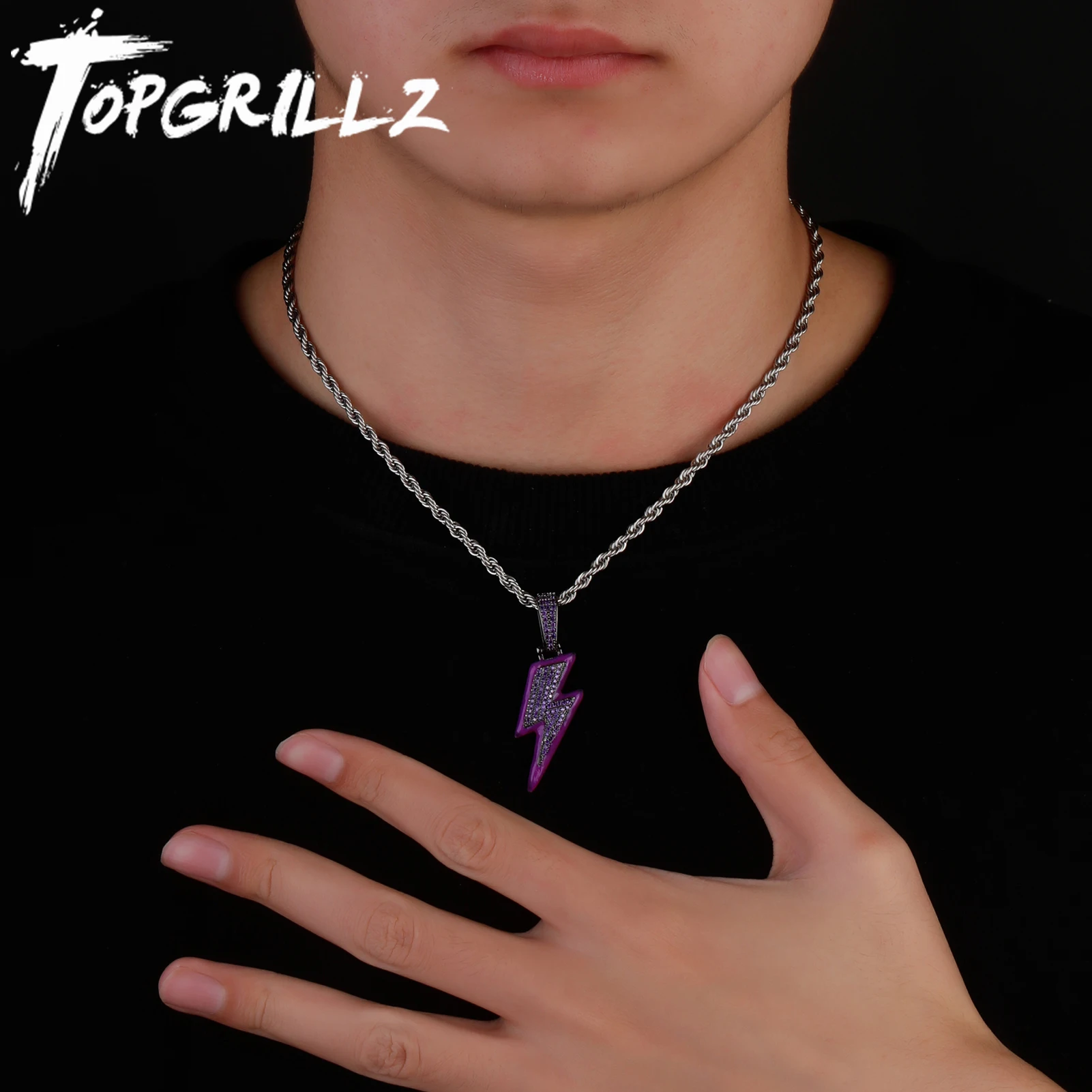 TOPGRILLZ Newest Luminous Design Necklace Lightning Pendant Iced Out Cubic Zircon Chain Solid Back Hip Hop Necklace For Party