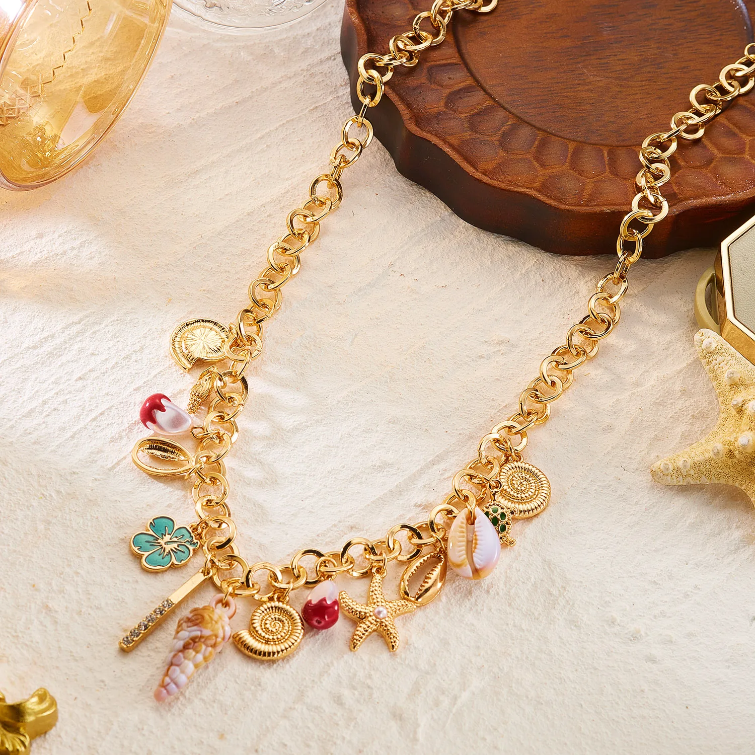 Böhmische Seestern-Muschel-Schildkröten-Anhänger-Halskette für Damen, Punk-Stil, dicke Kette, Blumen-Choker, Charm-Schmuck für den Sommerurlaub – Detail 6