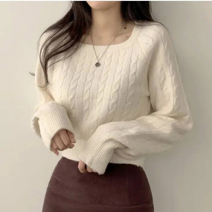 

Chic Vintage Sle Women's Knitted Sweater Square Collar Long Sve ort Length Overhead Soft Polyester Fiber Spring Autumn...