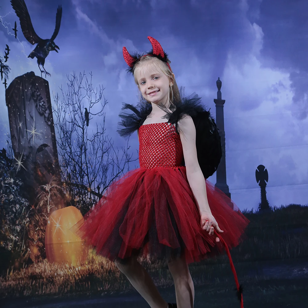 Red Black Devil Costume Tutu Dress Girls Halloween Costume Children Villain Cosplay Carnival Purim Fancy Dress Up Clothing