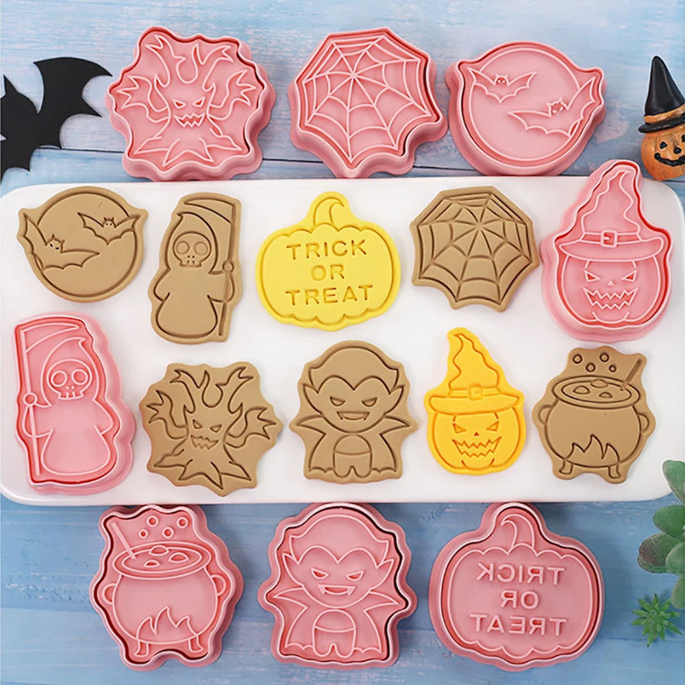 

8pcs/set Halloween Cookie Cutters 3D Plastic Biscuit Mold Cookie Stamp DIY Fondant Cake Mould Kitchen Baking Pastry Bakeware