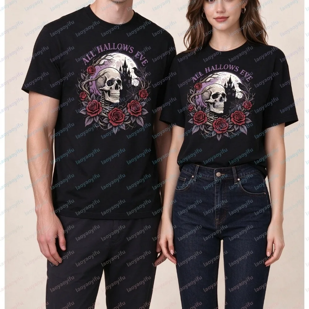 ALL HALLOWS EVE Skull Rose Crow Castle Print Unisex Tops Summer Short Sleeve Fashion Halloween Vintage Gothic Graphic O-neck Tee
