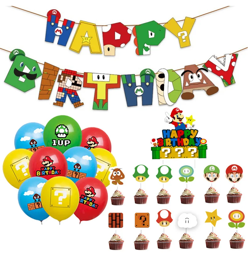 Fournitures de fête à thème dessin animé Super Mario Bros Out, bannières d'anniversaire pour enfants, décorations de gâteau, ballons, ensembles de décoration de fête