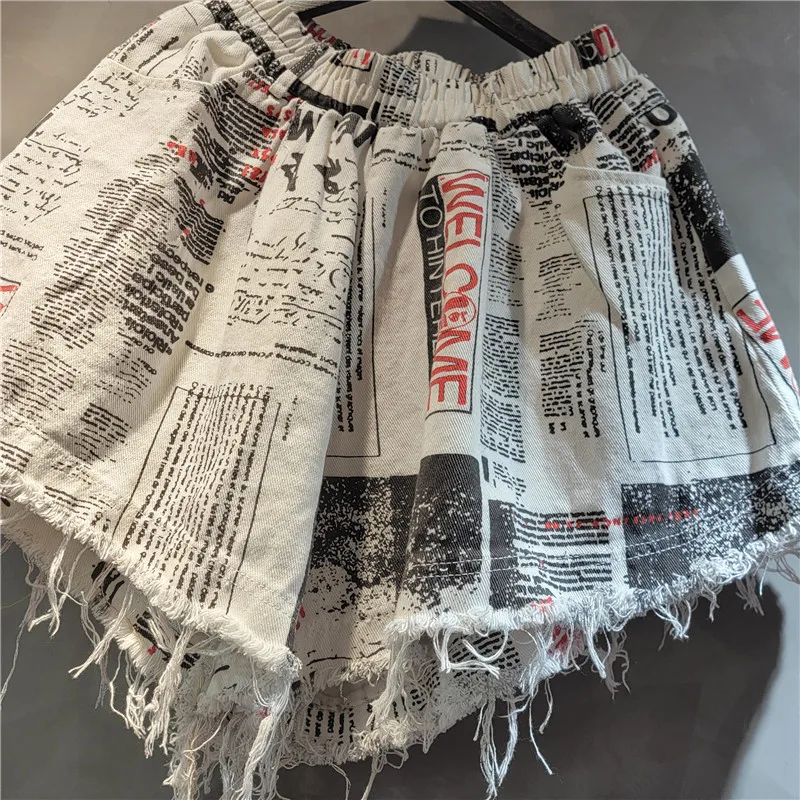 Chic Women Newspapers Letters Printed Fringed Edges Denim Waistcoat Jeans Vest Frayed Cowboy Cardigan+Wide Legs Shorts 2Pcs Set