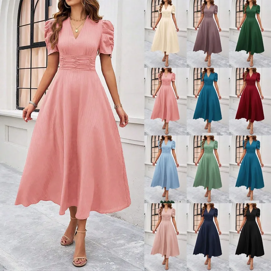 

【New style】2026 - spring and summer women's fashionable temperament high-waist solid color waist-closing short-sleeved dress