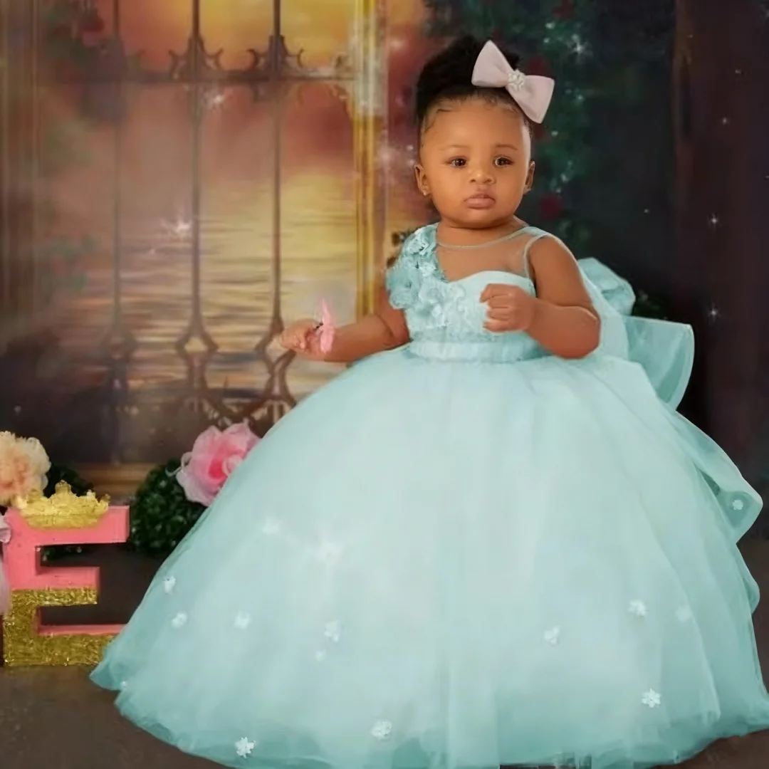 Robe de mariée mignonne pour bébé, motif Floral 3D, sans manches, pour fête d'anniversaire, princesse, robe formelle de première Communion, personnalisable