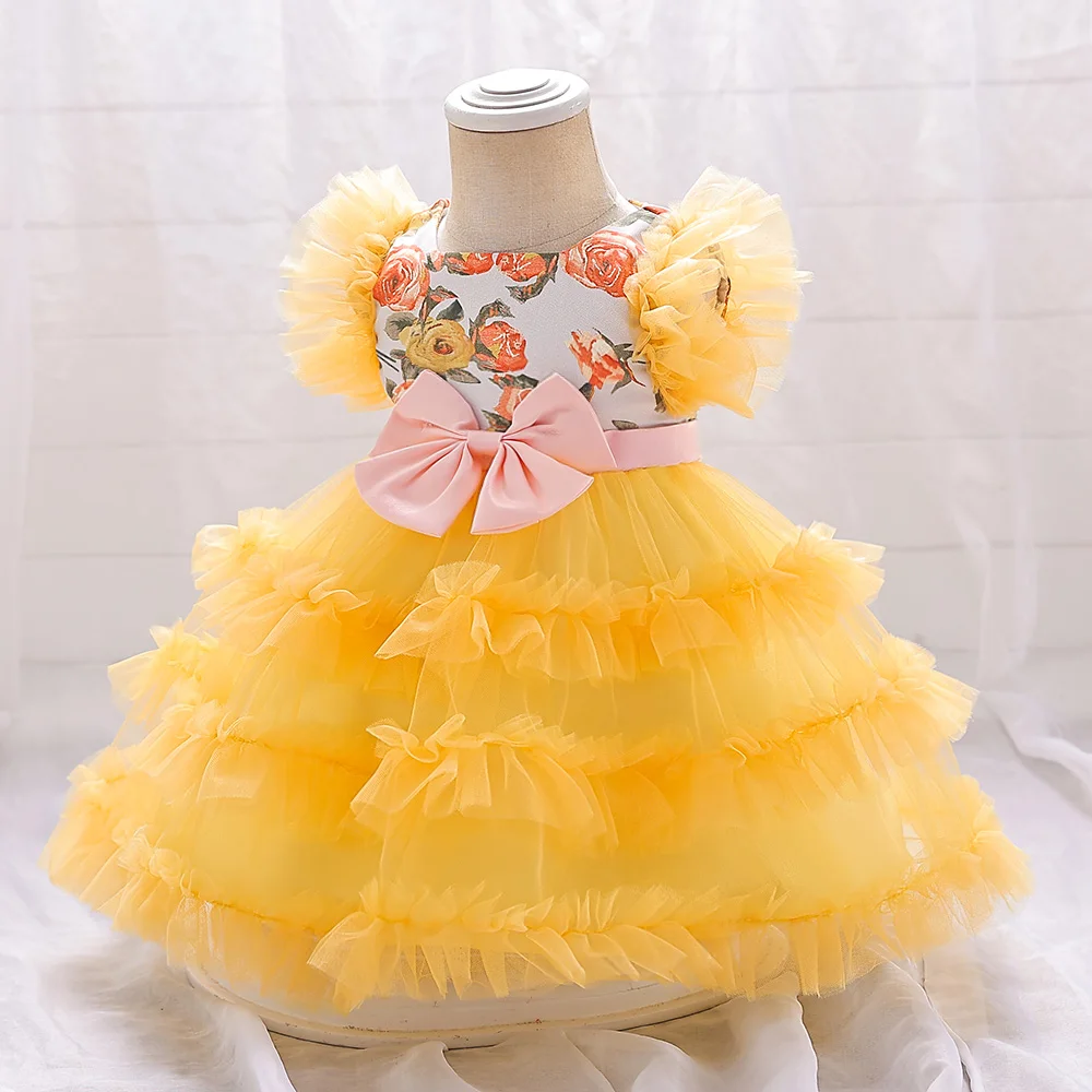 Big Bow Baby Girl Dress Toddler Flower Print Baptism Dresses for Girls Cute 1st Birthday Party Wedding Prom Gown Summer Clothing