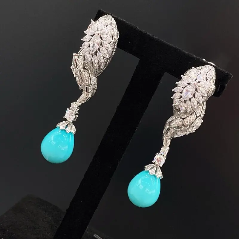 

925 Sterling Silver Blue Turquoise Gemstone Black Agate Long Water Drop Earrings For Women Fine Jewelry