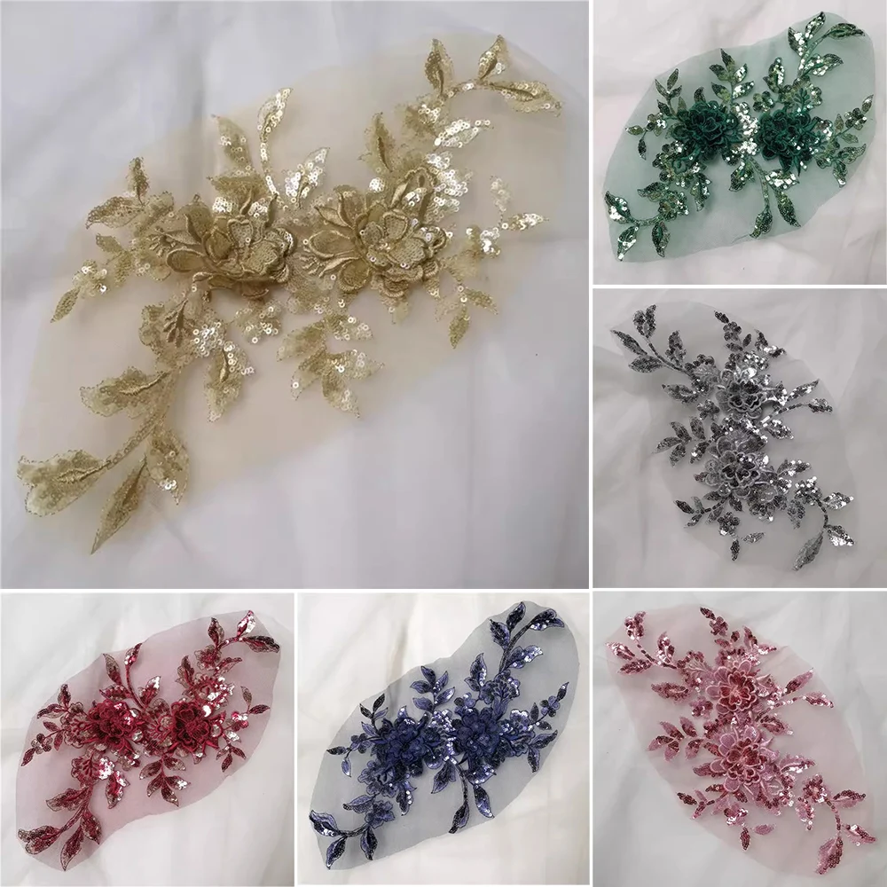 1Piece Seqins Flowers Mesh Embroidery Patch Sewing Repair Diy Floral Lace Fabrics Applique