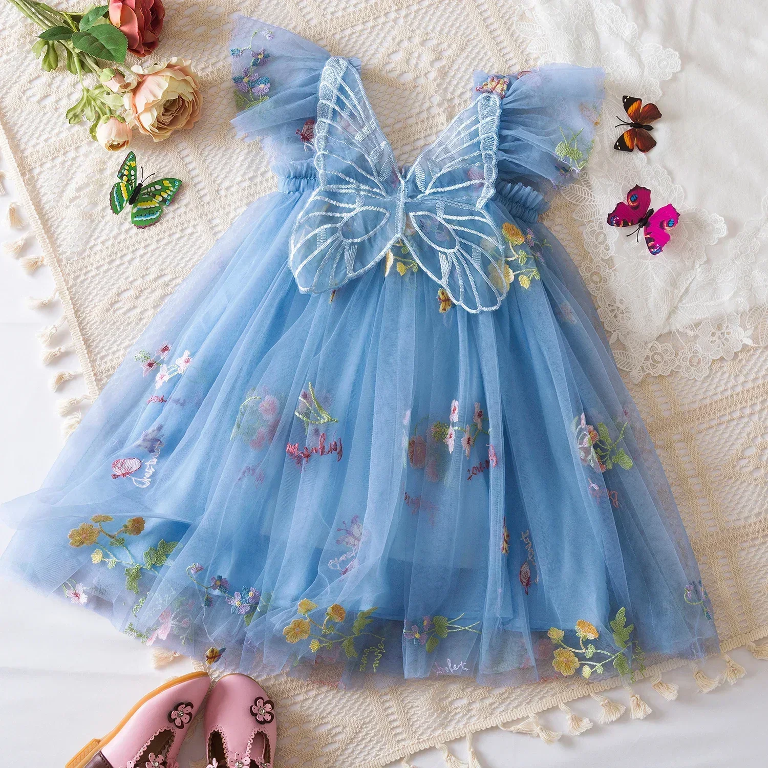 New Baby Girls Birthday Party Evening Dresses Back Butterfly Wings Children Clothes Sweet Floral Embroidery Toddler Kids Costume