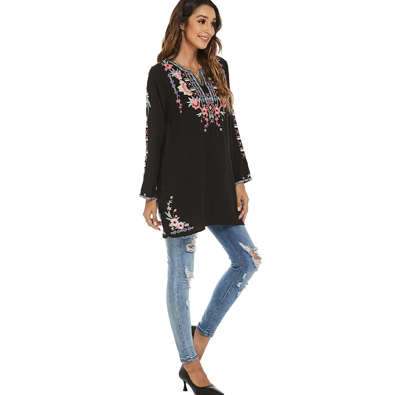 Casual Floral Embroidery Long Tunic Tops for Women Bohemian Blouses Black Vintage Embroidered Mexican Peasant Shirt Ethnic Tops