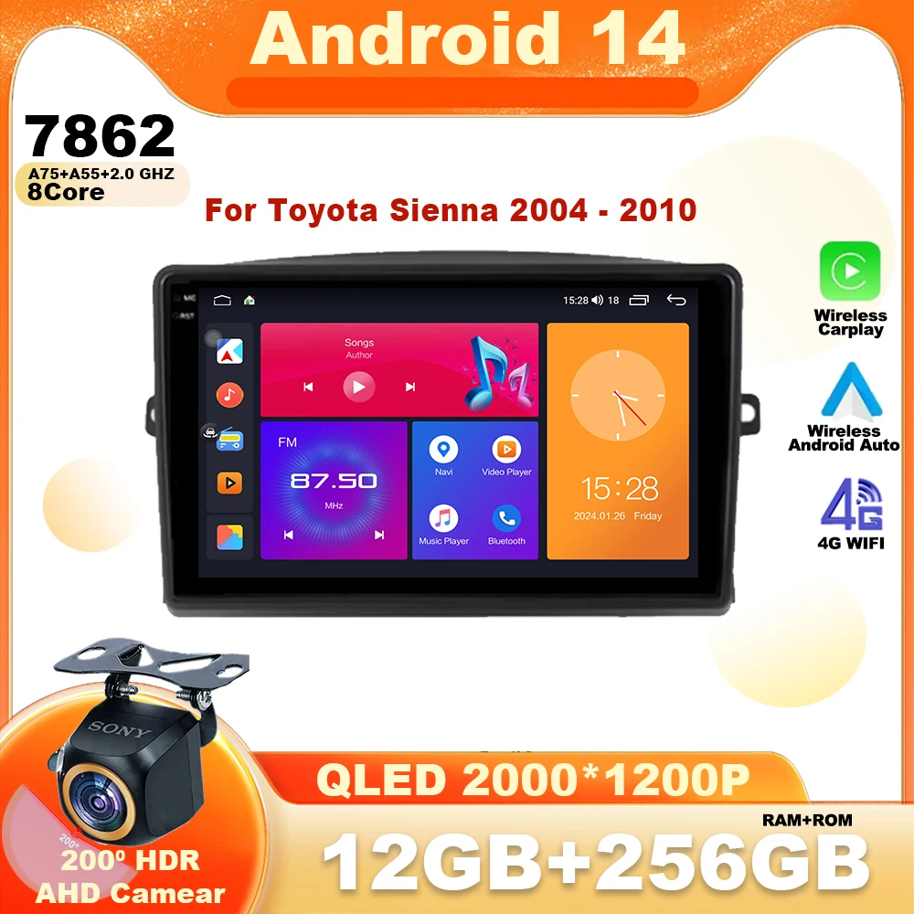 Android 14 For Toyota Sienna 2004 2005 2006 - 2010 Car Radio Carplay Auto 4G WIFI Player Multimedia srereo Navigation Video QLED