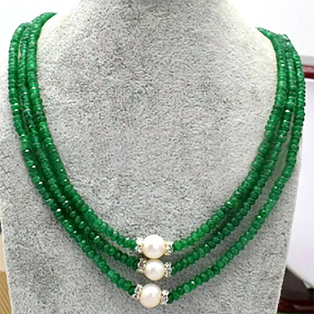 3rows 2x4mm Faceted 3color green Emerald red jade & 9-10mm white freshwater pearls necklace 17