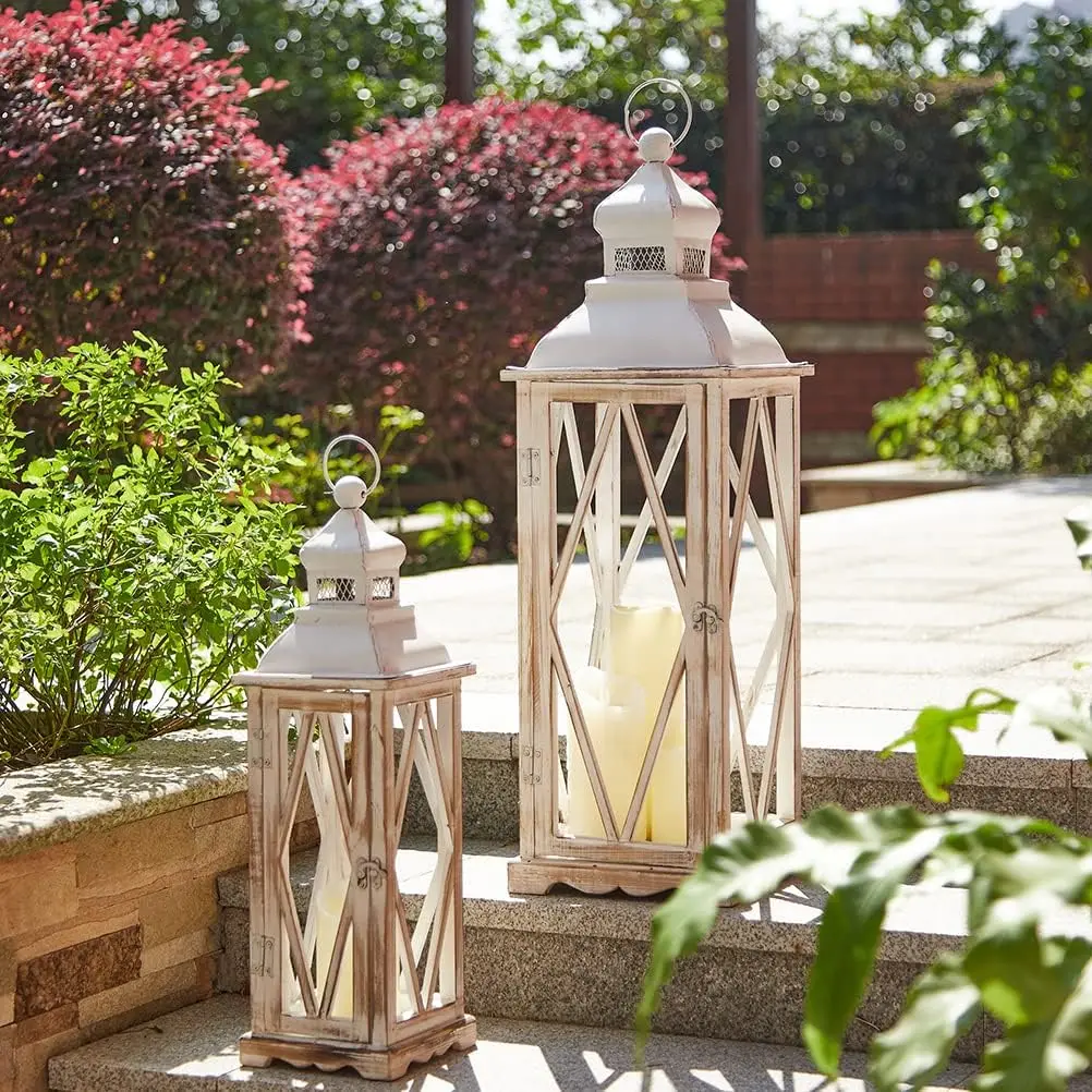 Lanterns Decorative Indoor, Set of 2 Farmhouse Decorative Candle Lanterns, Large Wooden Lanterns Decor Floor Candle Holder