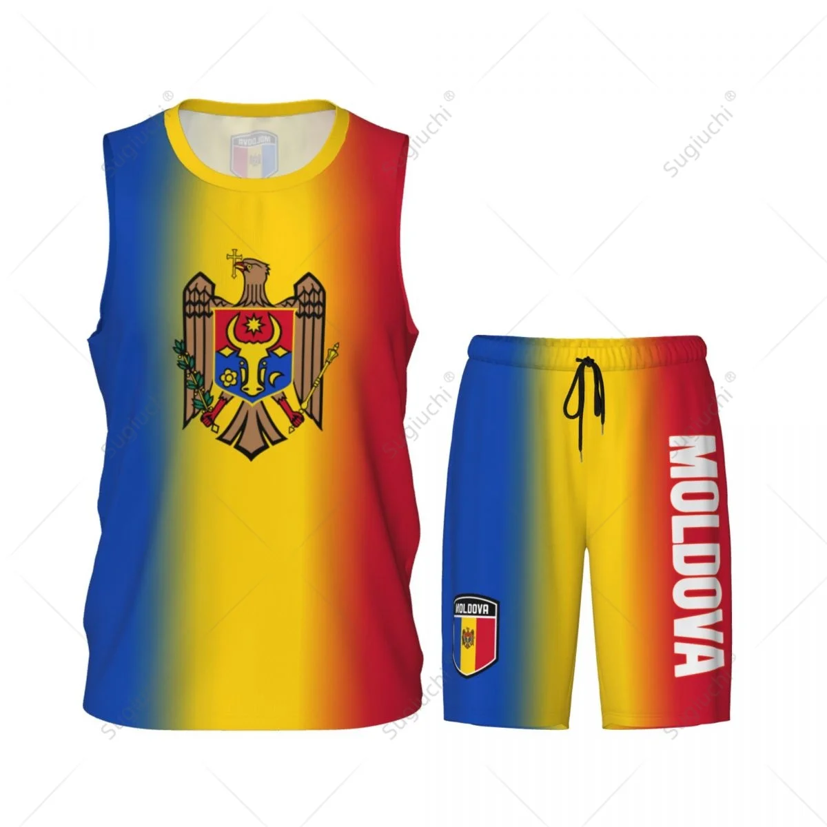 Men Moldova Flag Basketball Jersey Set Mesh Shirt & Pants Sleeveless Exclusive Team-up Custom Name Nunber Unisex