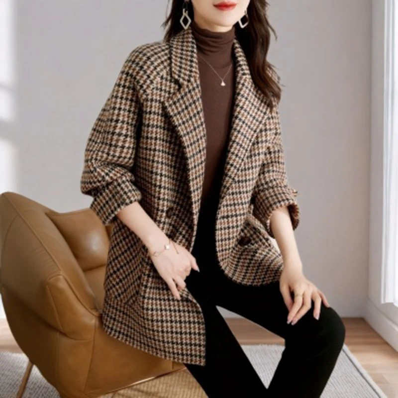 Vintage Houndstooth Wool Blazer Women Winter Thick Warm Double Breasted Lapel Coats Y2K Korean Loose All-Match Blends Outerwear