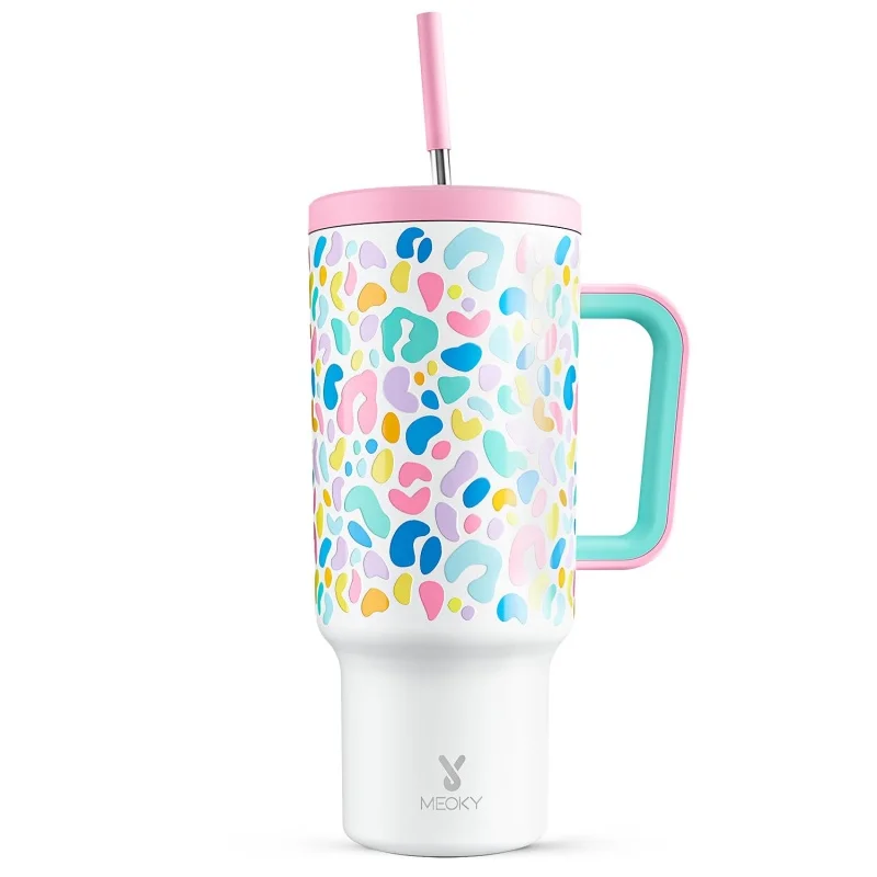 Meoky 40oz Straw Cup Handle Cup Non-Slip Base Cup Potable Leak-proof Colorful Leopard Print Vacuum Flasks Thermoses Ice Cold Cup