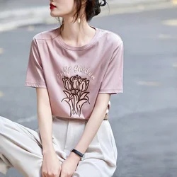 New Summer Women's Solid O-Neck Short Sleep Loose Thin Classic Pullovers Printed Fashion Casual All Match Commute Tops