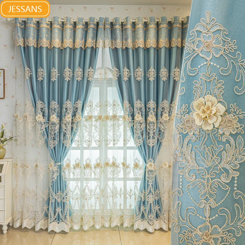 

Lace Embroidery Double-layer Curtains Window Screens Integrated Blackout Curtains for Living Room Bedroom Balcony French Window